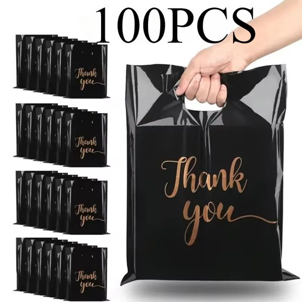 100PCS Black Thank You Bag Plastic Handheld Thank You Gift Packaging Anniversary Christmas Birthday Wedding Party
