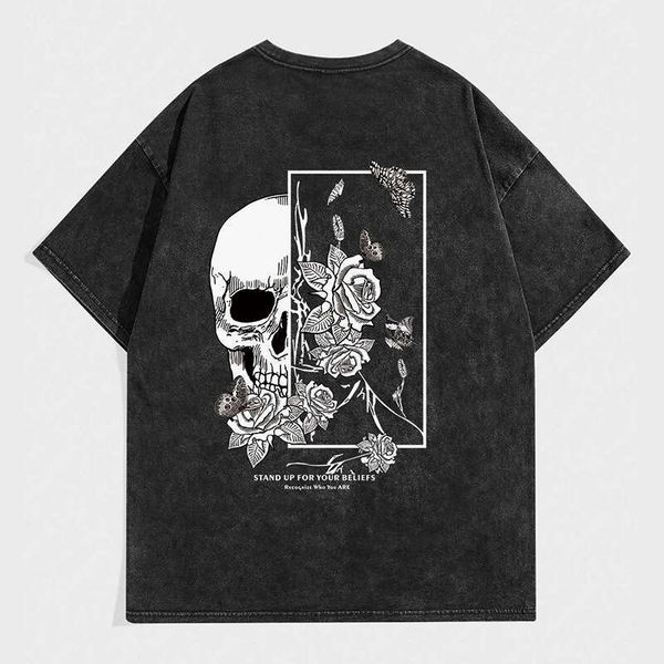 

Vintage Washed Loose Short Sleeve T-Shirt for Men Summer Cotton Trendy Skull Print, Black