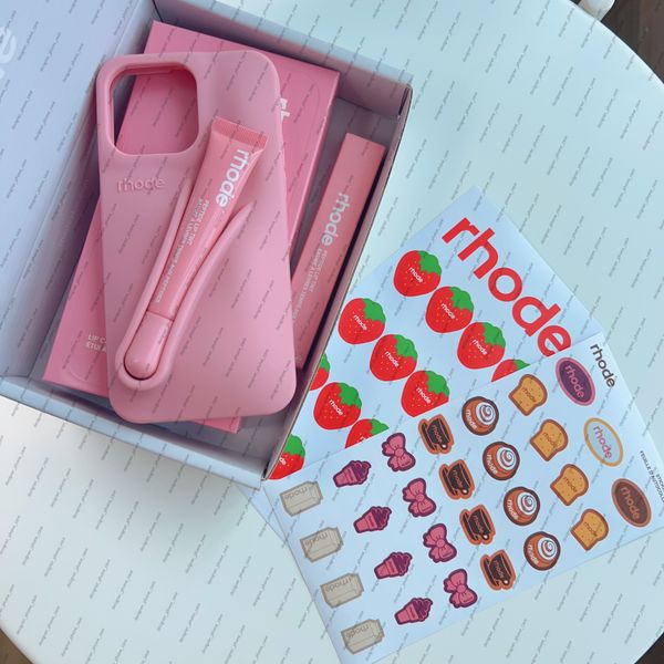 Rhode phone case with box lip gloss iPhone 16 Pro Max with gift box rhode sticker 3D Make Up iPhone silicone cover 15 14 13 12 bracket set silicone soft