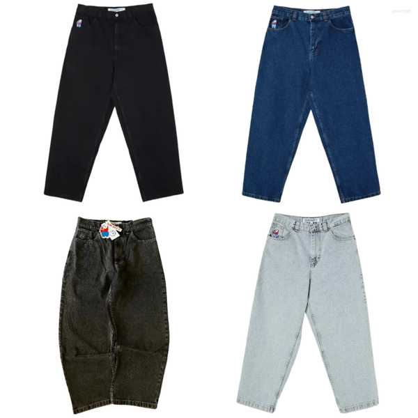 

Men's Jeans Retro Polar Big Boy Y2K Pants Hip Hop 2000s Streetwear Embroidery Blue Baggy Mens Womens High Waist Wide Trouser, A2