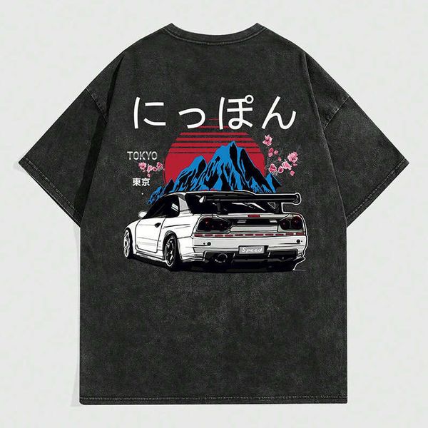 

Washed Vintage T-Shirt Trendy Brand Pure Cotton American Style Loose Short Sleeve Oversized Printed, Black