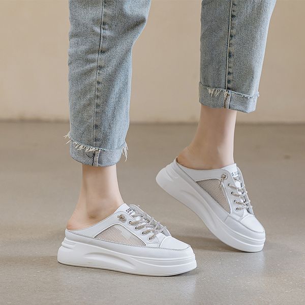 

elegant womens half strap clear leather thong footwear light lazy style w sparkling gems, White