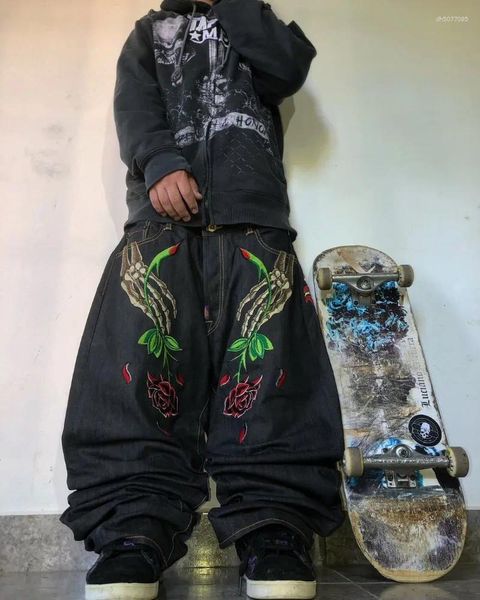 

Men's Jeans High Street Retro Oversized Skull Pattern Trendy Fashionable Gothic Harajuku Hip-hop Punk Casual Men Pants, A1