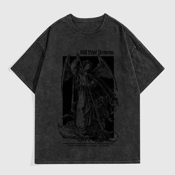 

American Style Washed Short T-Shirt for Men Summer 2024 New Trendy Brand Pure Cotton Half Sleeve Round Neck Plus Size Tee, Black