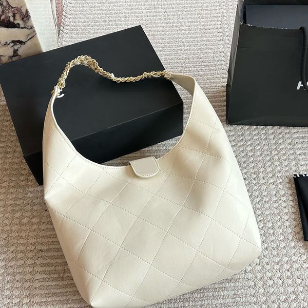

Ladies Classic White Hobo Shoulder Bags Quilted Leather Gold Metal Turn Lock Hardware Multi Chains Strap Luxury Daily Phone Card Handbag with Square Purse 26cm, Yellow