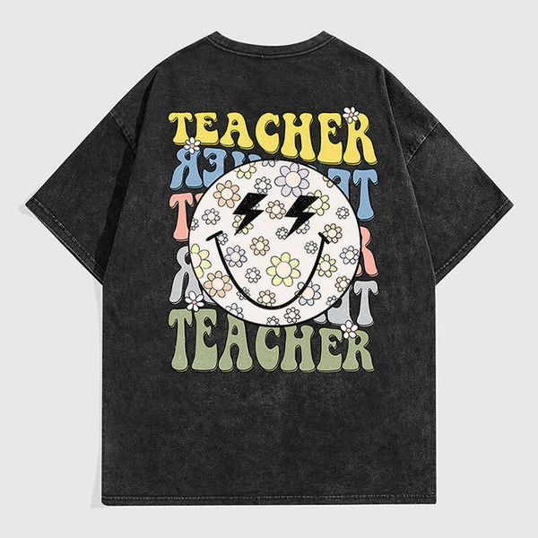 

Washed Vintage Short T-Shirt Unisex Cotton Temu Loose Trendy Brand Smiley Face Half Sleeve, Black