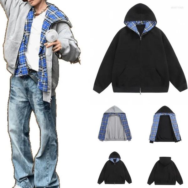 

Men's Hoodies Harajuku Checkered Patchwork Sweatshirt Hoodie Jacket Men Punk Cardigan Usa Fake 2 Pcs Loose Autumn Unisex Casual, Black