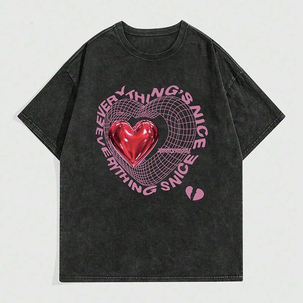 

Women' Clothing Temuvintage Vintage Heart Print Loose Cotton Short Sleeve T-Shirt, Black