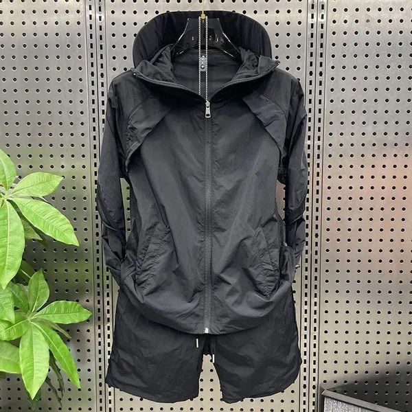 

Men's Tracksuits Summer Tracksuit Light Thin Mesh Breathable Hooded Sun Protection Casual Suit High-end Loose Solid Sports Two-piece Set, Black