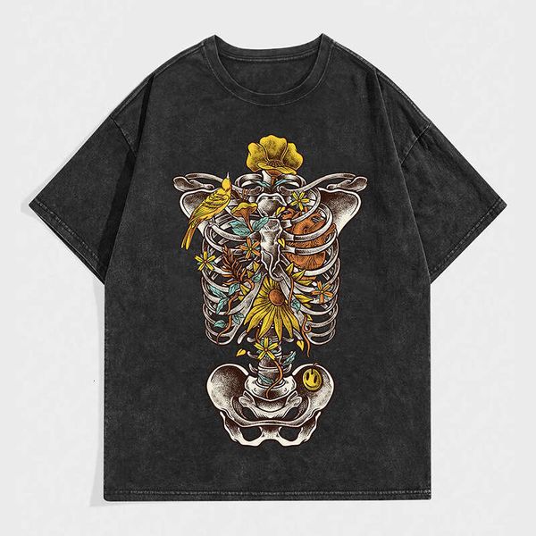 

Washed Vintage Short T-Shirt for Men, Trendy Brand, Pure Cotton, American Style, Snowflake Spine Bone Half Sleeve, Black
