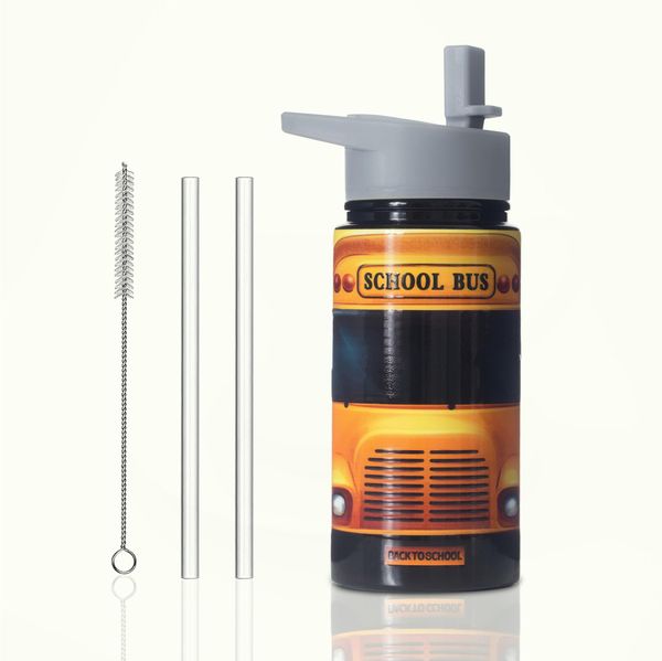 15oz Insulated Stainless Steel Water Bottle for Kids – School Bus Design, Flip Straw Lid, BPA-Free, Leak-Proof Thermos