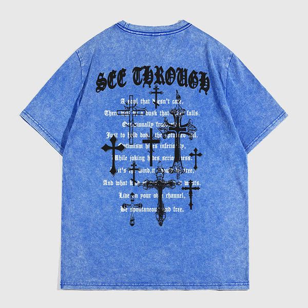 

Washed Vintage T-Shirt Trendy Brand Pure Cotton American Style Loose Short Sleeve Oversized Printed t shirts for men, Blue