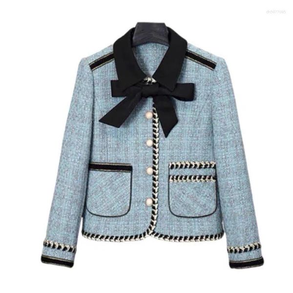 

Women' Jackets Fashionable And Elegant Celebrity High-end Temperament Lapel Single-breasted Small Fragrant Style Bow Jacket, Sky blue