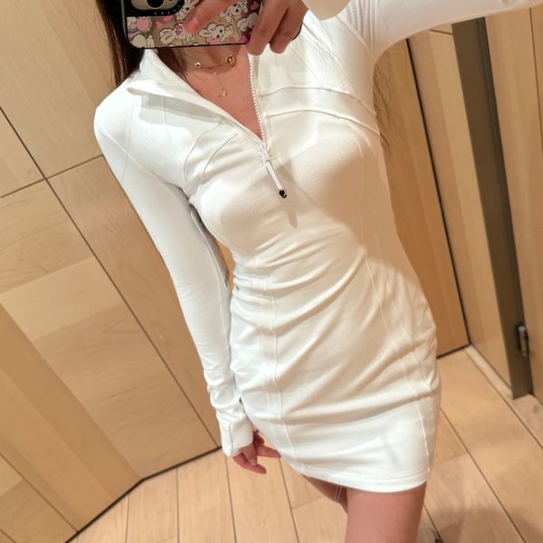 

B426 Yoga Stand Collar Half Zipper Dress Slim Hip Skirt Women Quick Dry Thin Casual Sports Skirt, Gold