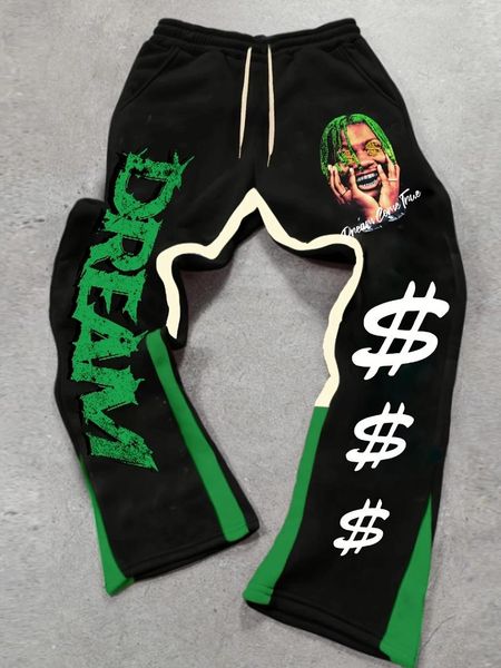 

Men' Pants Trendy Street - Inspired Black & Green Color Block Patterned Sweatpants With DREAM Lettering And Dollar Sign Prints