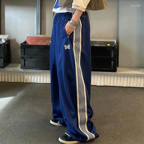 

Men' Pants Needles Royal Blue HD Embroidery Wide Leg Korean Sle Loose Fit Long Trousers Youth Casual Summer Jeans