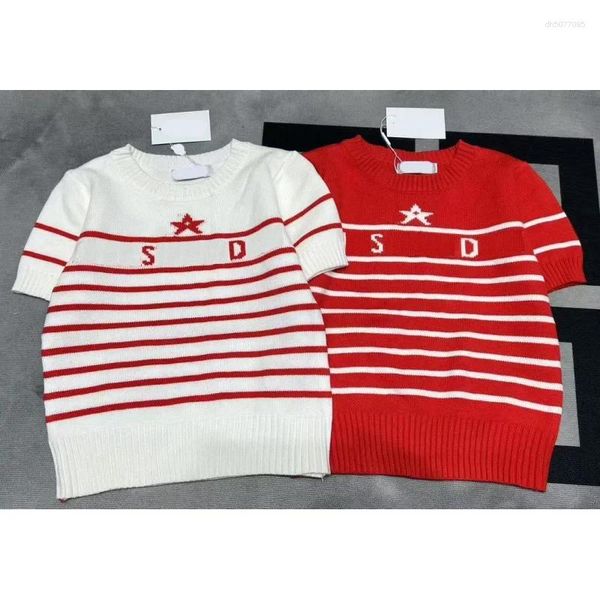 

Women's Sweaters High-Quality Early Spring 2025 Loose Casual Striped Round Neck Versatile Knitted Short Sleeve Crew Pullover Top, White