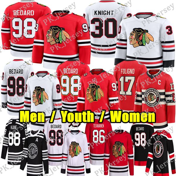 #98 ConnorS Bedard chicago hockey jersey blackhawksS jersey #55 Artyom Levshunov Frank Nazar Spencer Knight Teuvo Teravainen Alex Vlasic Jason Dickinson jerseys