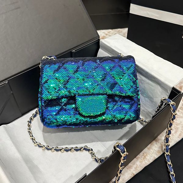 

Seven Colors Designer Stylish Shiny Shoulder Bag Sequins Decoration Handbag Gold Hardware Buckle Matelasse Chain Crossbody Clutch Makeup Wallet Sacoche 18cm, Multi-color