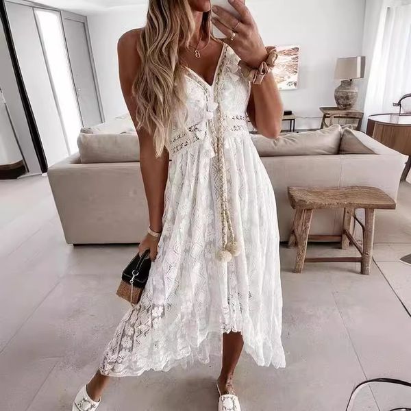 

B435 Summer lace sling long swing solid color dress, Gray