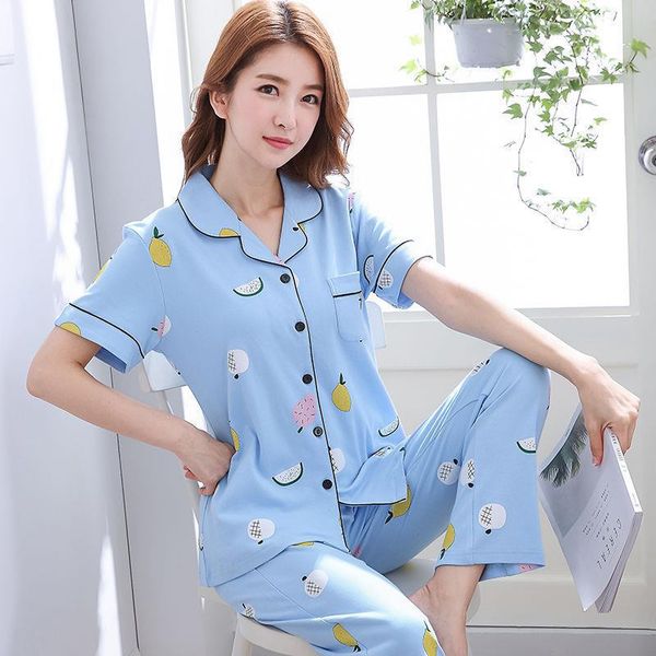 B969-Pure cotton pajamas women summer short-sleeved trousers cardigan pure cotton plus size casual loose home clothes suit