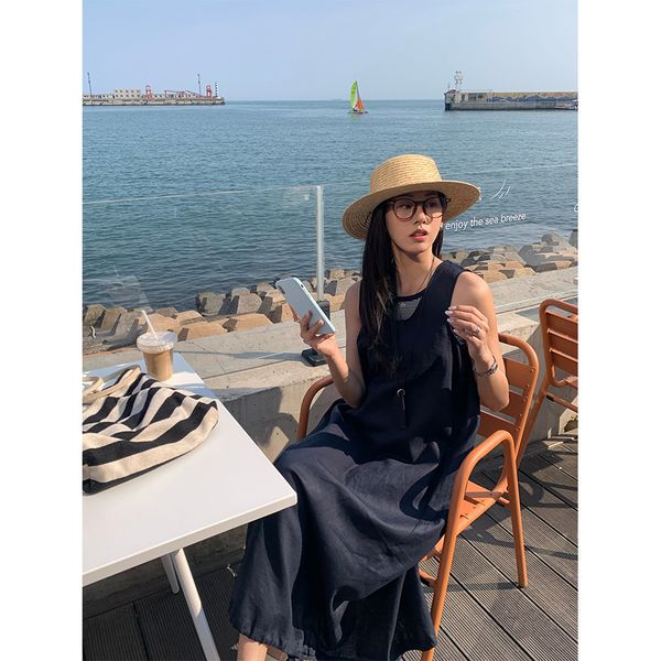 

B433 New Loose Vest Dress Women Fashion Simple Versatile Slim Ramie Long Skirt, Gray