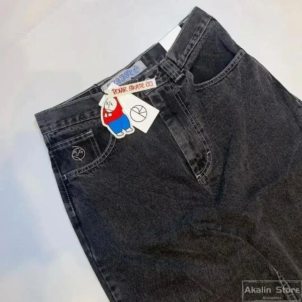 

Men's Jeans Y2k Big Boy Hip Hop Cartoon Embroidery Graphic Loose Baggy Harajuku Streetwear High Waisted Vintage Wide Leg Pants, N25 black gray
