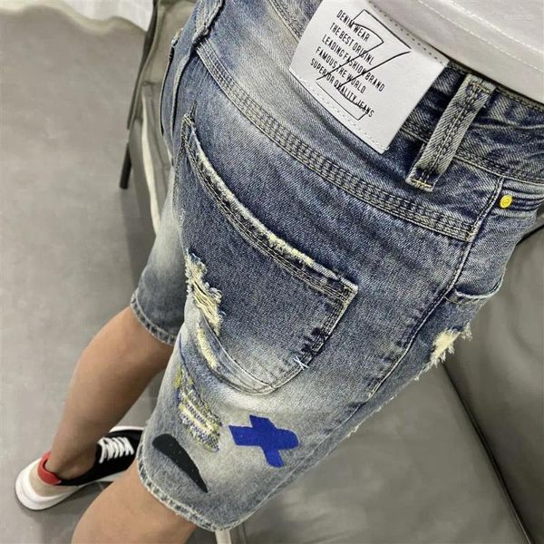 

Men's Jeans 2025 Trendy Fashion Embroidered Denim Shorts Korean Slim Pants Summer Thin Ripped Luxury Clothing Classic, Shr-3046 blue