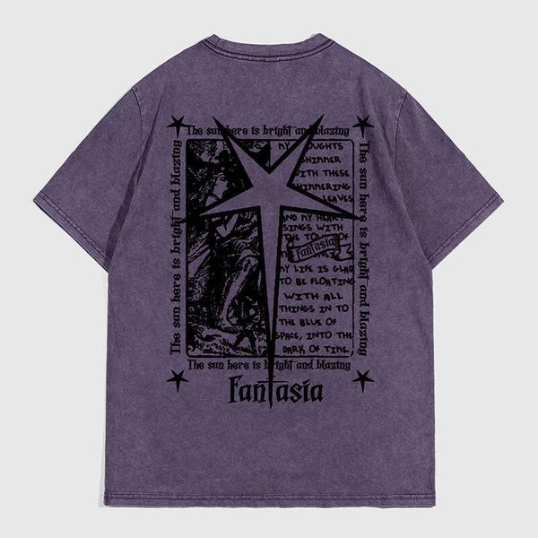 

American Style Letter Print Short Sleeve for Men and Women, Summer Loose Street Fashion Brand, Snowflake Pure Cotton Vintage T-Shirt, Purple