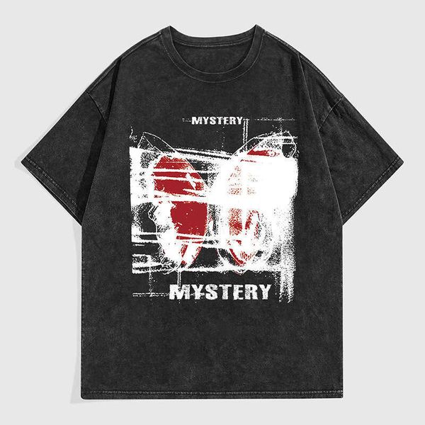 

American Style Washed Vintage Short Sleeve T-Shirt Unisex Oversize Plus Size Trendy Brand Snowflake Print Tee, Black