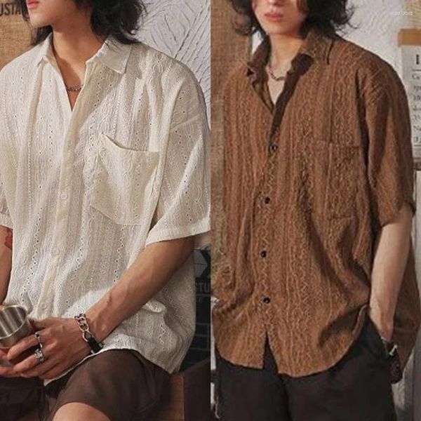 

Men's Pants Men Casual Loose Hollow Out Short Sleeve Shirts With Pockets Retro Fashion Vacation/Daily All-Match Tops Solid Color, White