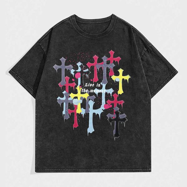 

American Style Washed Vintage Short T-Shirt for Men, Trendy Brand, Pure Cotton, Cross Print, Loose Fit, Half Sleeve, Purple