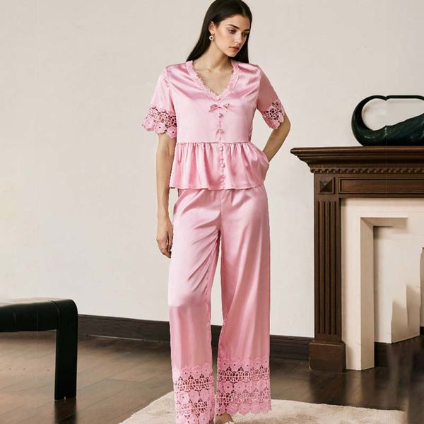 

New Women's Spring/Summer Silk Color Lace Short Sleeve Long Pants Nightwear Set Homewear, Pink