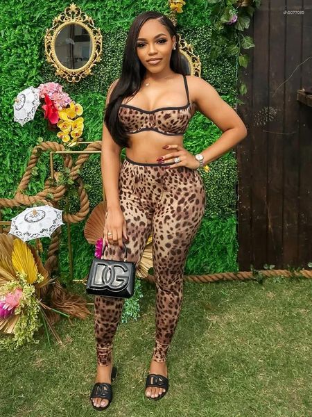 

Women's Two Piece Pants STYLISH LADY Leopard Printed Slim 2 Set Women Spaghetti Strap Crop Top And Skinny Pant Suits 2025 Summer Nightclub