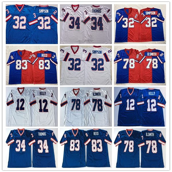 

Throwback American Football Jerseys OJ Simpson Thurman Thomas Jim Kelly Bruce Smith Andre Reed Blue White Stitched Retro Shirt Custom S-4XL, As pic 6