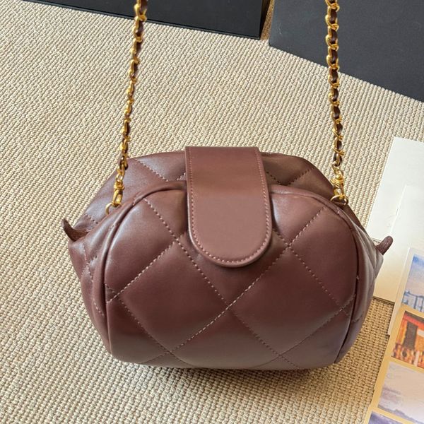 

Women Stylish Shoulder Oval Evening Bag Quilted Lambskin Leather 19 Series Golden Metal Lock Matelasse Chain Zipper Card Wallet Cross Body Makeup Handbag 18cm, Burgundy