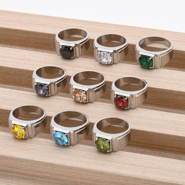 

1pc Best Gift for Men's 10mm Zircon High Quality Multiple Colors Gem Styles Stainless Steel Rings