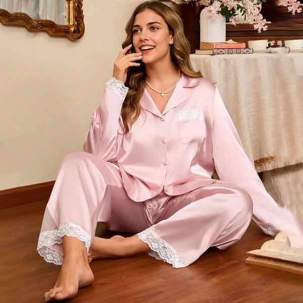 

2025 New Women's Plus Size Spring and Autumn Silk Satin Lace Trim Long Sleeve Long Pants Pajama Set Homewear, Pink