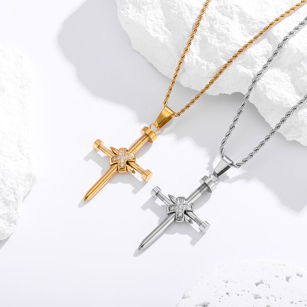 

Fashion Cross Collar Chain with Diamond Engraved Pendant - For Both Men and Women, Characteristic Style, Trendy Titanium Nail Design