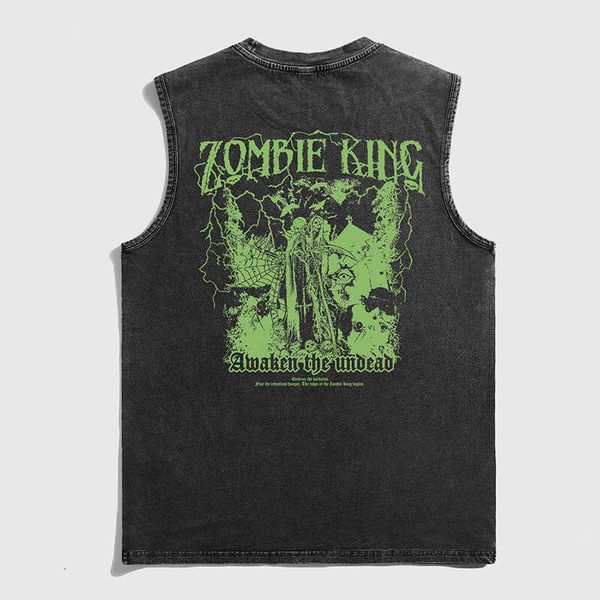

American Style Pure Cotton Round Neck Vest Men, Loose Casual Sports Washed Sleeveless T-Shirt for Summer, Black