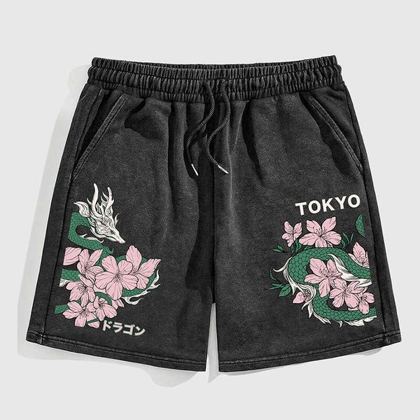

Men's Summer Trendy Brand Printed Dragon Washed Vintage Loose Casual Sports Five-Point Basketball Shorts, Black