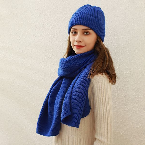 K1377 Solid color ribbed knitted scarf for women winter new foreign trade imitation cashmere warm wool neck scarf two-piece set
