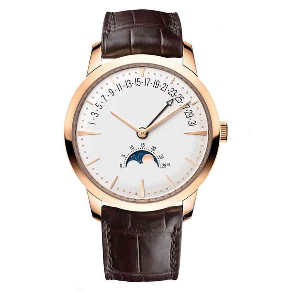 Men's High-End Automatic Calendar Watch, 41mm Rose Gold Tone Case, Brown Textured Leather Strap, Sapphire Crystal, Date-Day-Month Display, Water Resistant 30m