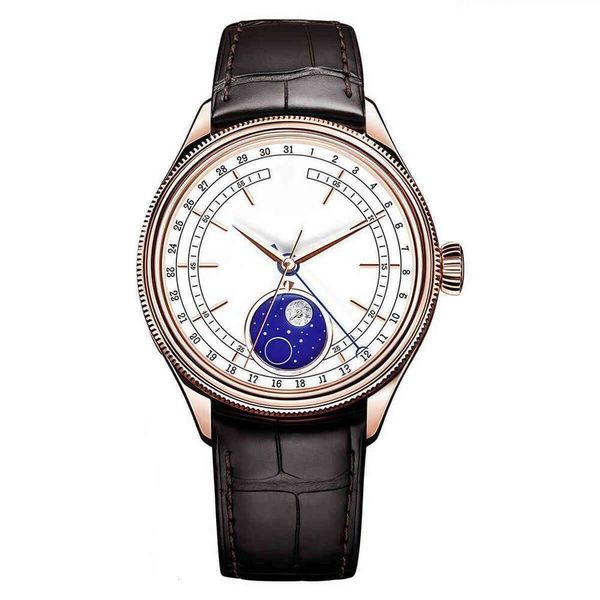 Elegant Men's Watch with Moon Phase & Date Display, Rose Gold Tone Case, White Dial with Blue Enamel, Black Alligator Strap, 50m Water Resistant