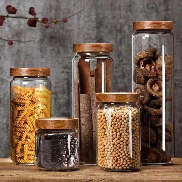 1 PC Small Glass Storage Jars with Airtight Lids coffee container with Wooden Lid Glass Pantry Canister for Beans Rice Sugar XJ250718