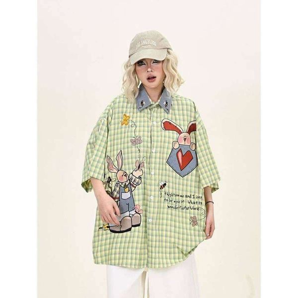 

2XL Size 150kg Summer American Style Playful Embroidered Short Sleeve Unisex Loose Couple Shirt, Green