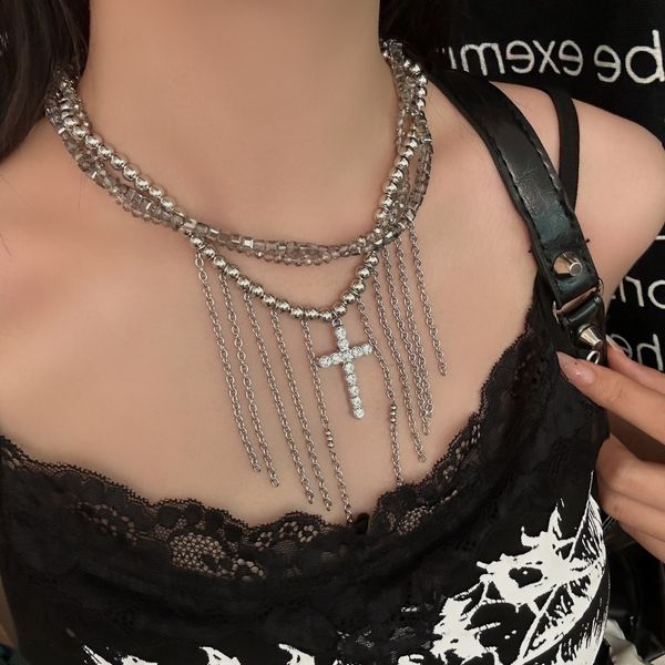 

Crystal cross multi-layered wrapped necklace in heavy Gothic style choker necklace - unique jewelry accessory