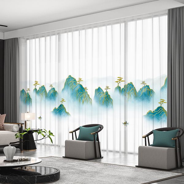 YL-36631 New Chinese style landscape painting all-match chiffon window screen living room bedroom tea house temple light-transmitting and non-transmitting curtain