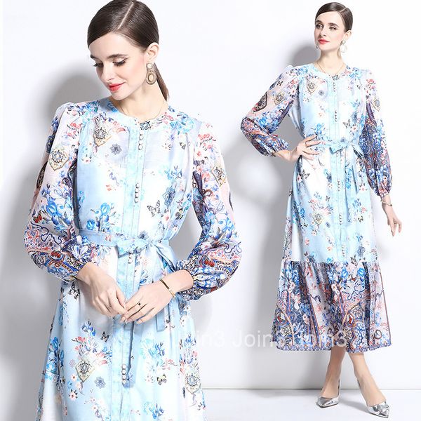 1238 Spring/Summer New Silk and Hemp Stand Collar Lantern Sleeve Printed Dress Long Dress