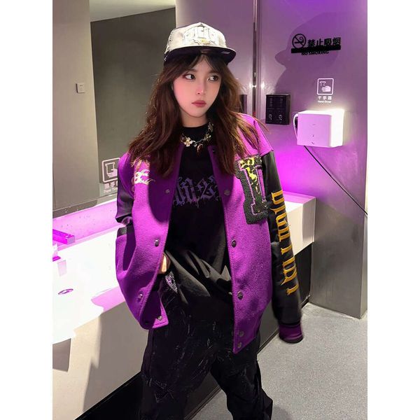 

Plus Size 150kg American High Street Baseball Unisex Autumn Embroidered Vintage Couple Loose Jacket, Purple (high quality)